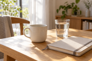 ファスティング前の準備をイメージした空のコーヒーカップと手帳、水のグラス