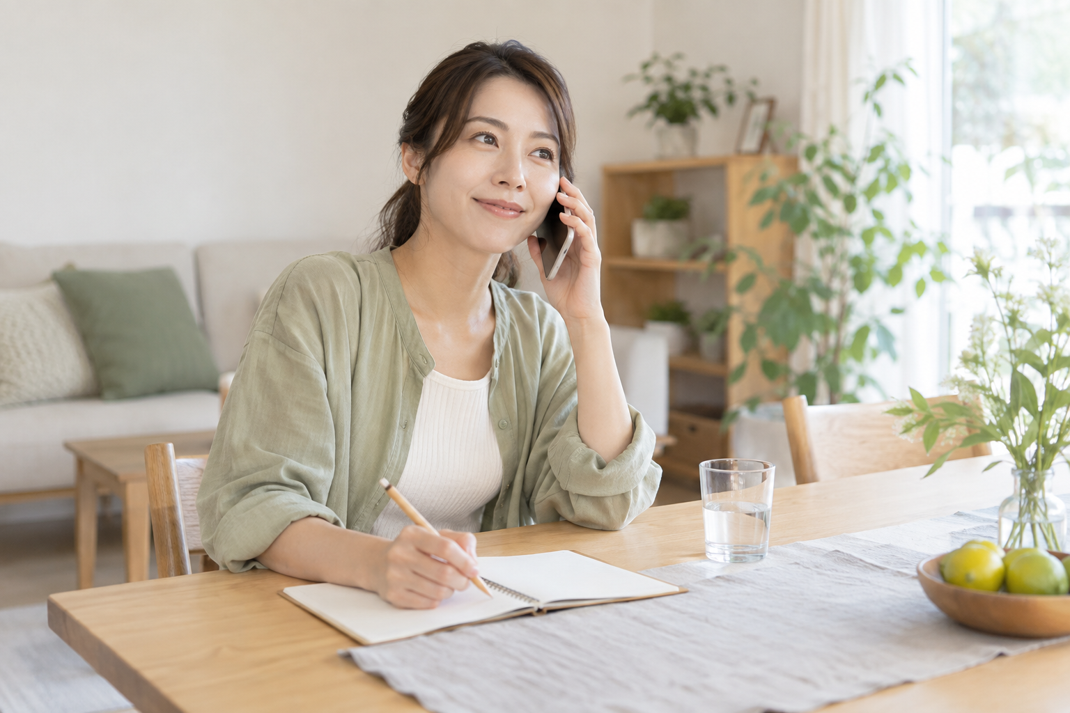 メモを用意して電話で日程や体調を相談する女性のイメージ