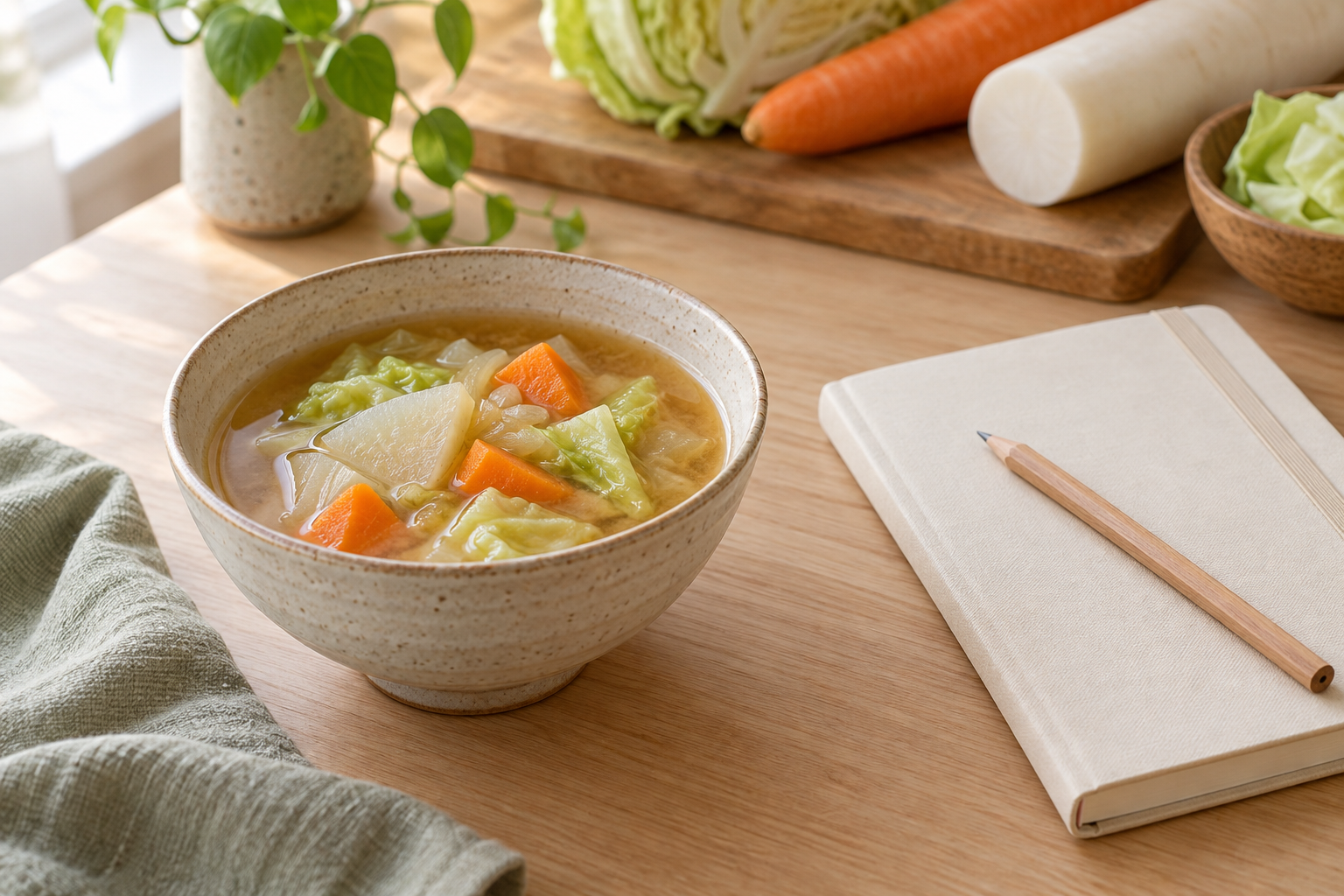 回復食までの予定を考える手帳と野菜のお味噌汁のイメージ