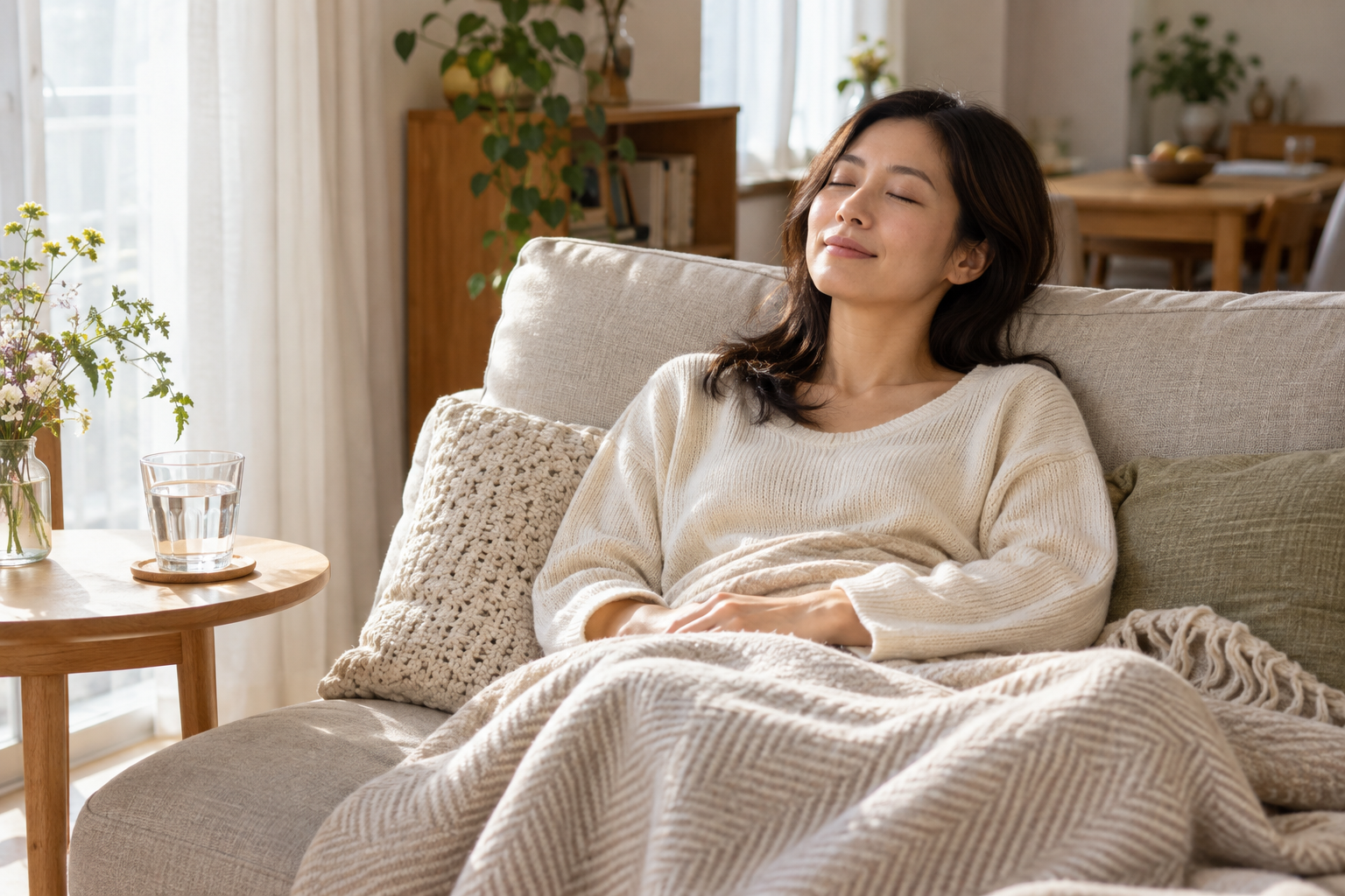 ソファでゆっくり休息をとる女性のイメージ